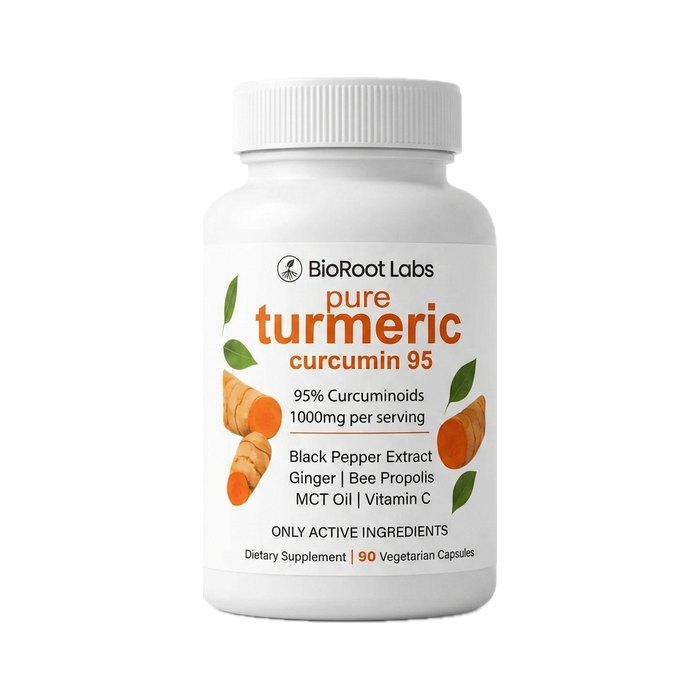 BioRoot Labs Pure Turmeric — 95% curcuminoids with ginger, black pepper and MCT, 90 vegetarian capsules