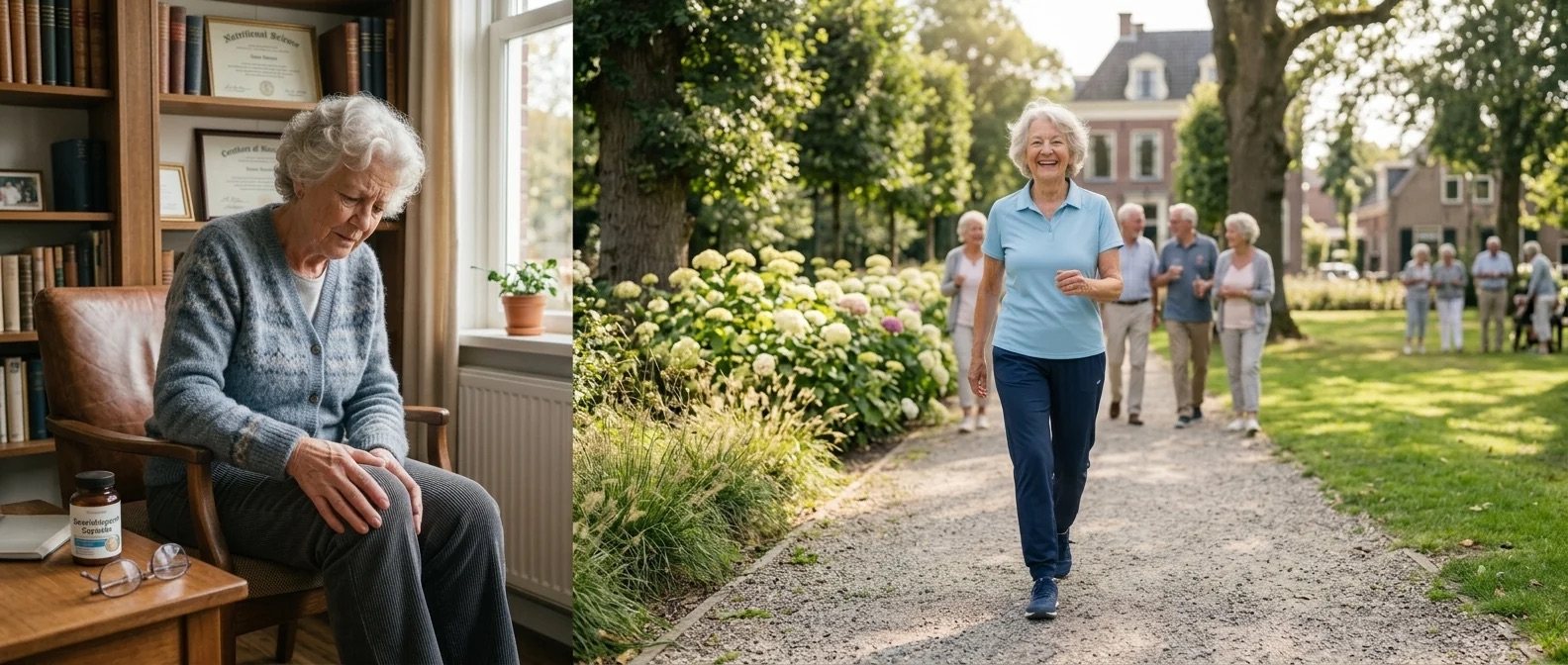 Left: an older woman indoors, easing a stiff knee. Right: an older woman walking freely on a garden path.